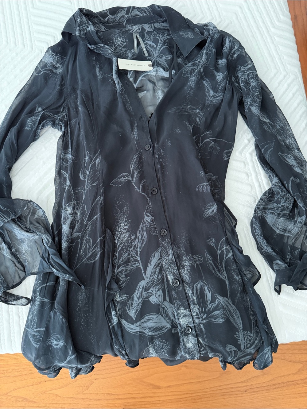 Anthropologie Black Sheer Floral Button-Down Blouse